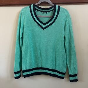 Women's V-Neck Linen Sweater - teal and navy